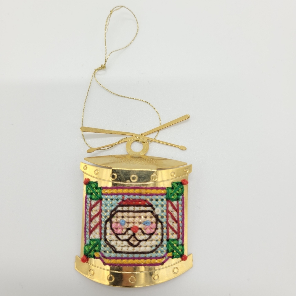 Vintage Cross Stitch Gold Tone Pressed Metal Drum Ornament Santa Retro Christmas